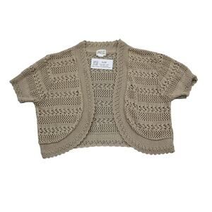 Sweet Kizz Sweater Womens L Beige Cardigan Short Sleeve Open Front Crop Crochet